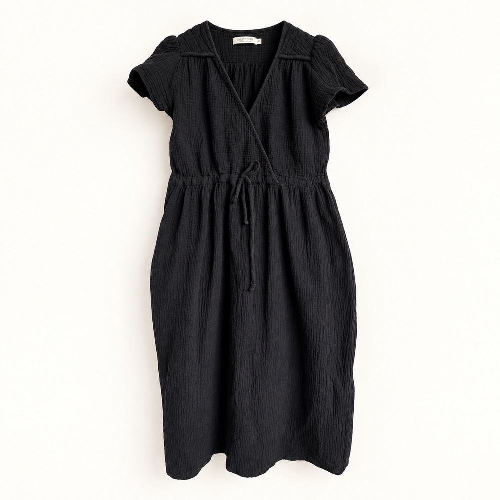 Christy Dawn Black Organic Cotton Gauze Wrap "Dawn" Midi Dress Made USA M